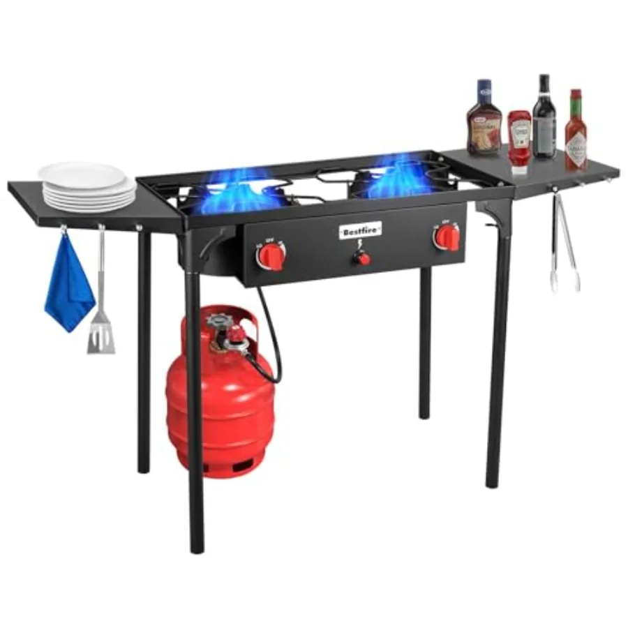 

Двухконфорочная походная плита с автоматическим поджигом, боковыми полками, регулятором, 150 000 BTU, на пропане, со съемными ножками для O