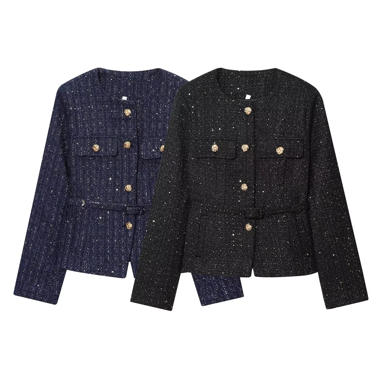 

Korean commuter textured jacket for women with autumn and winter sequins and gold buttons side pockets round neck jacket