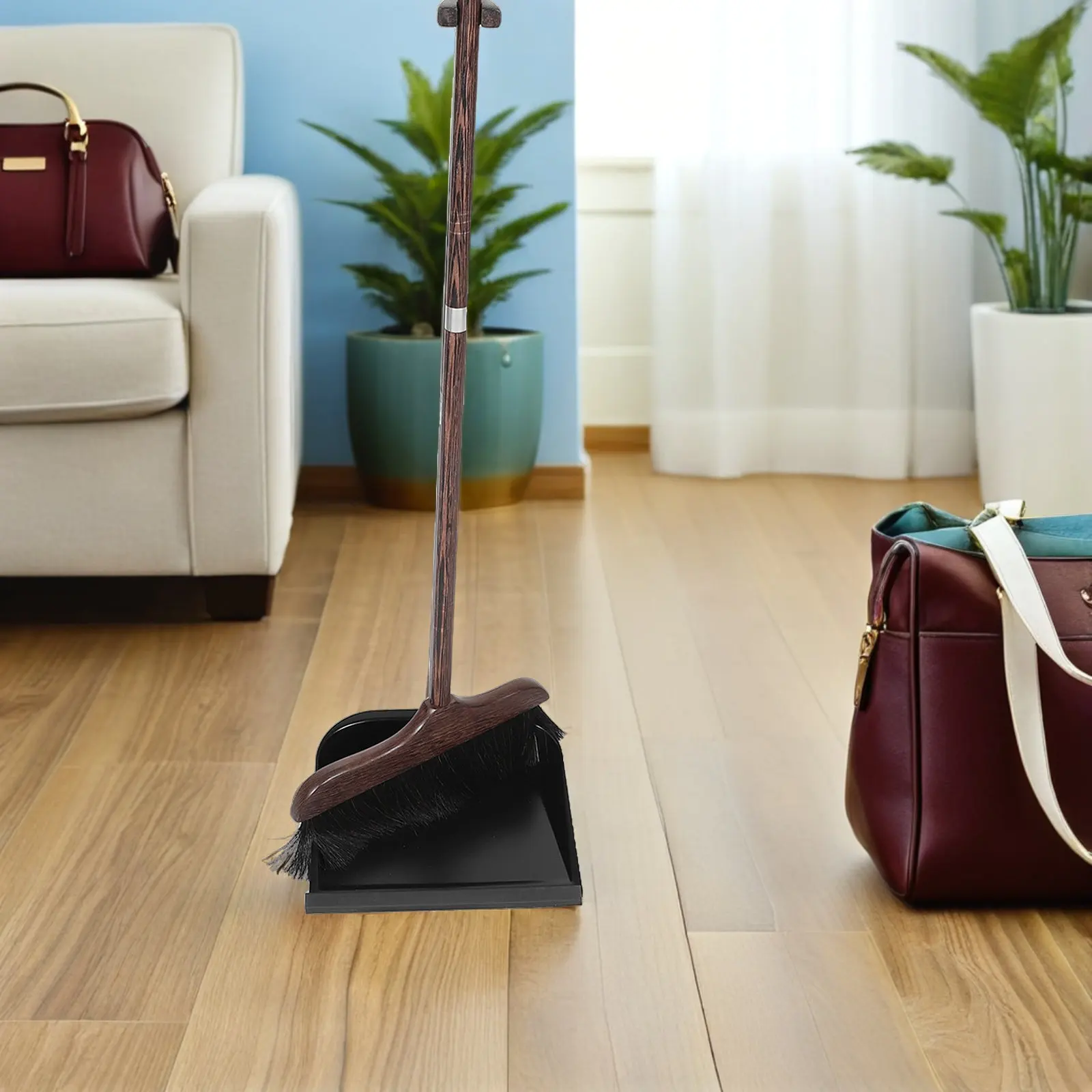 1Set Dustpan Broom Set Natural Bristle Horsehair Wood Handle Upright Standing Dustpan Indoor Outdoor Kitchen Office Cleaning