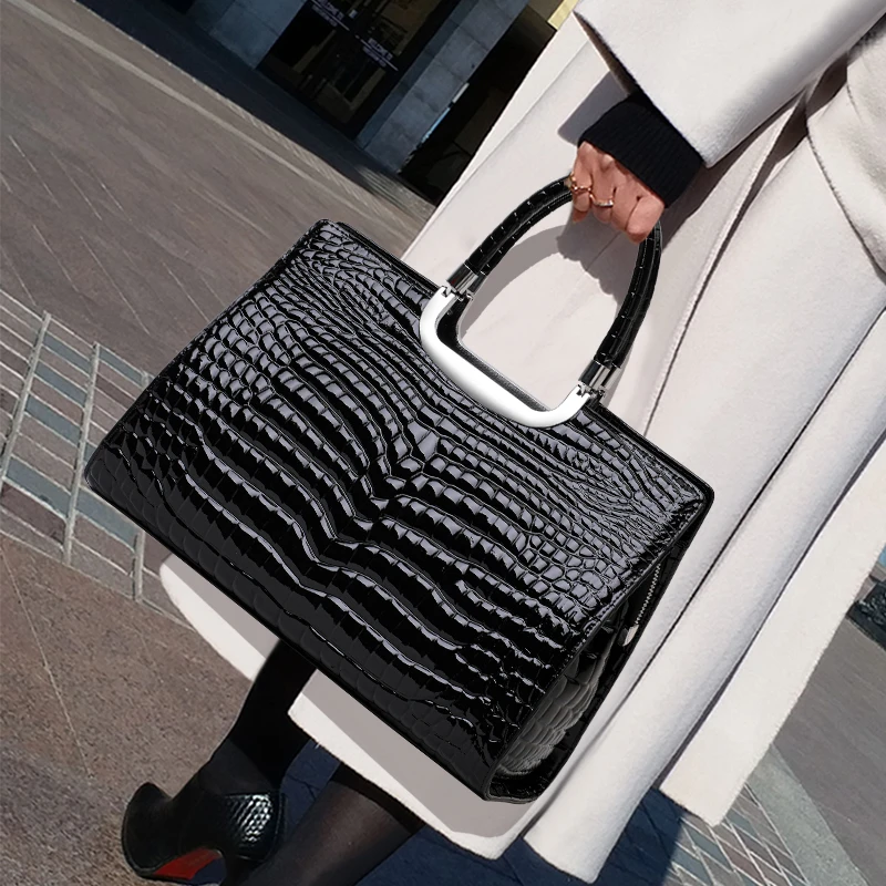 Aidrani Genuine Cowhide Croc Pattern Handbag, Women Glossy Top Handle Tote Bag,Large Capacity Satchel Purse for Business Commute