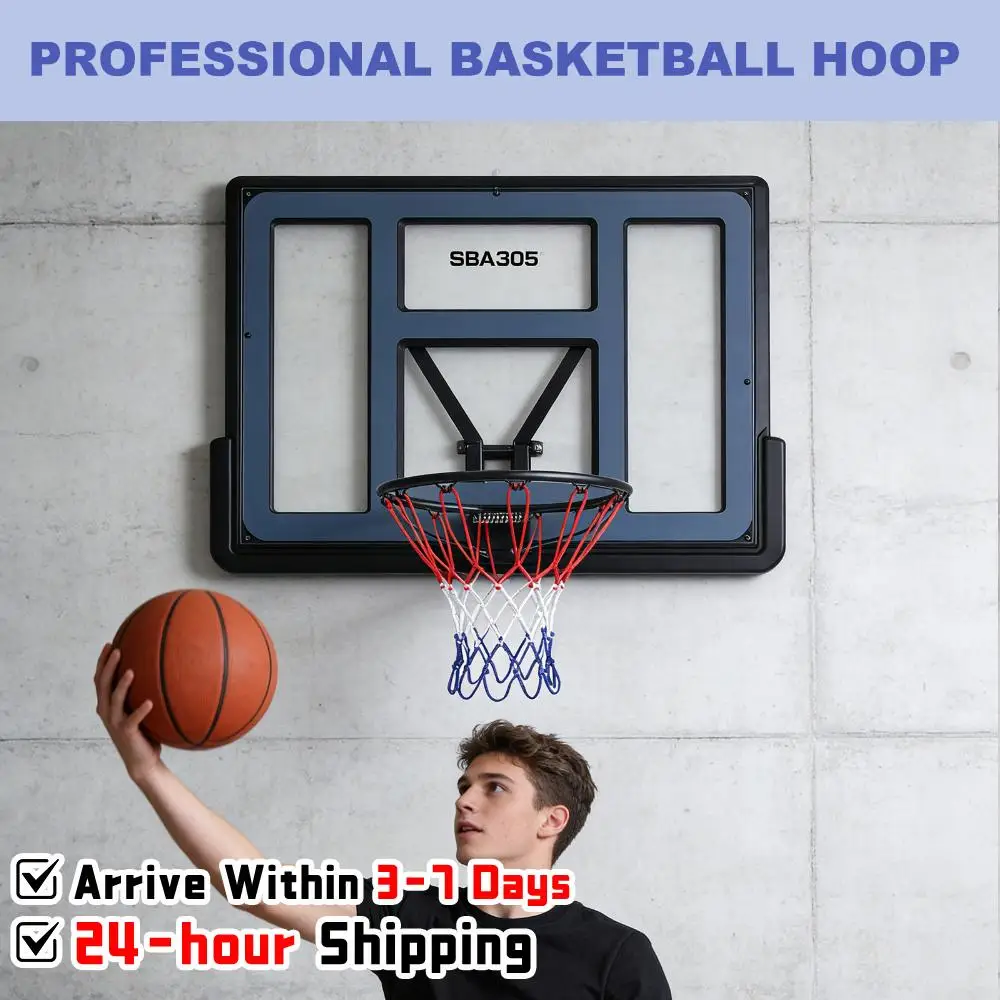 

43.31x29.53in Basketball Backboard Rim Combo Wall-Mount Basketball Backboard with All-Weather Net for Garage Indoor Outdoor Use