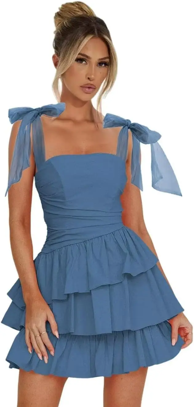 Above Knee ， Mini Chiffon Spaghetti Strap Tiered Homecoming Dresses 2025 Short Square Neck Cocktail Pary Dress with Bow DE476