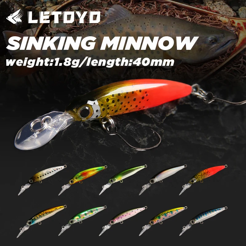 LETOYO 1.8g/40mm Mini tonąca przynęta na pstrągi Longtongue Plate Minnow Fishing Lure z pojedynczym haczykiem Laser Coating Trout Lures