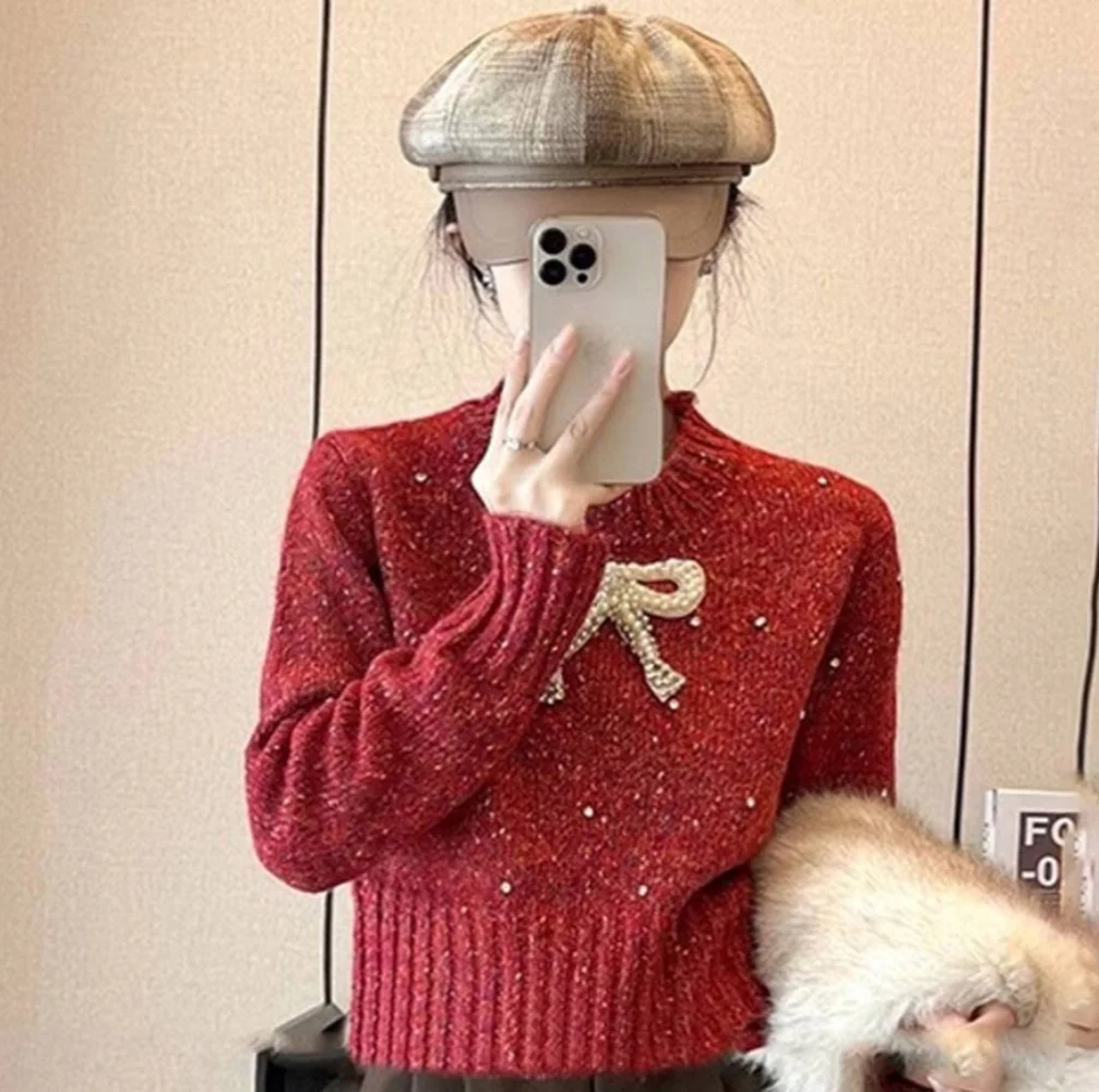 Red Short Pearl Bow Sweater For Women Autumn Winter New Thick Fashionable Versatile White Loose Glitter Knitted Base Sweater