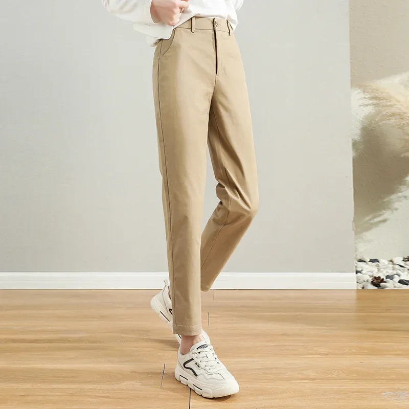 2023 New Spring/Autumn Women's Straight Pants High Waist Cotton Slim Casual Pants OL Suit Cigarette Black Capri Pants