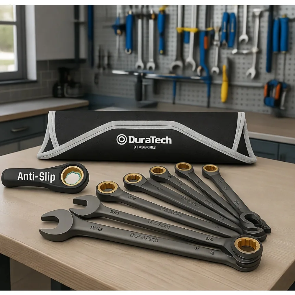 

Anti Slip Ratcheting Wrench Set 8 Piece SAE 5 16 to 3 4 Inch 72 Tooth Nickel Plated CR V Steel with Pouch