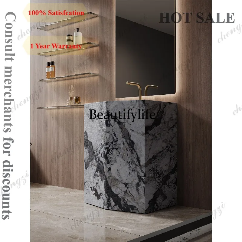 D1089 rock slab column basin hotel villa hand washing integrated basin outdoor courtyard washbasin floor-to-ceiling travertine