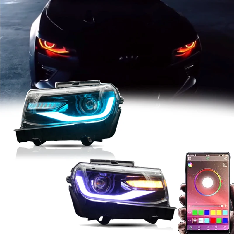 2pc Bluetooth App Control RGB Led Headlight For Chevrolet Camaro 2014 2015 Car Accessories Colorful Front DRL Turn Signal Light