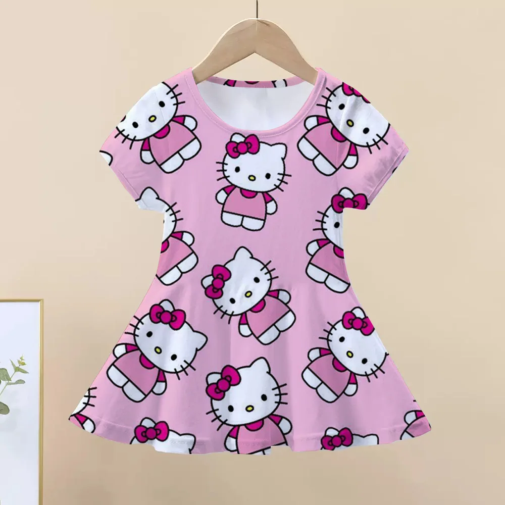 

MINISO Summer Fashion Polyester Lightweight Cartoon Cute Series 3D Hello Kitty Printed Girl's Dress Short sleeved Princess Dress