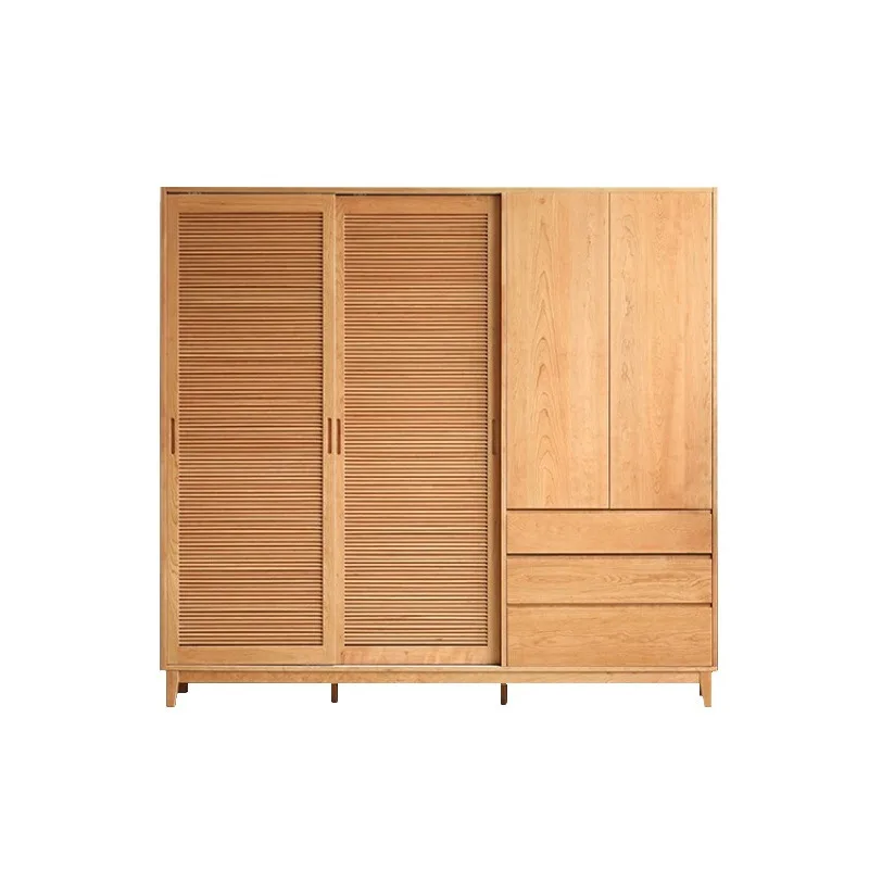 Cherry wood log color, all solid wood bedroom home large-capacity wardrobe, shutter sliding double-door wardrobe