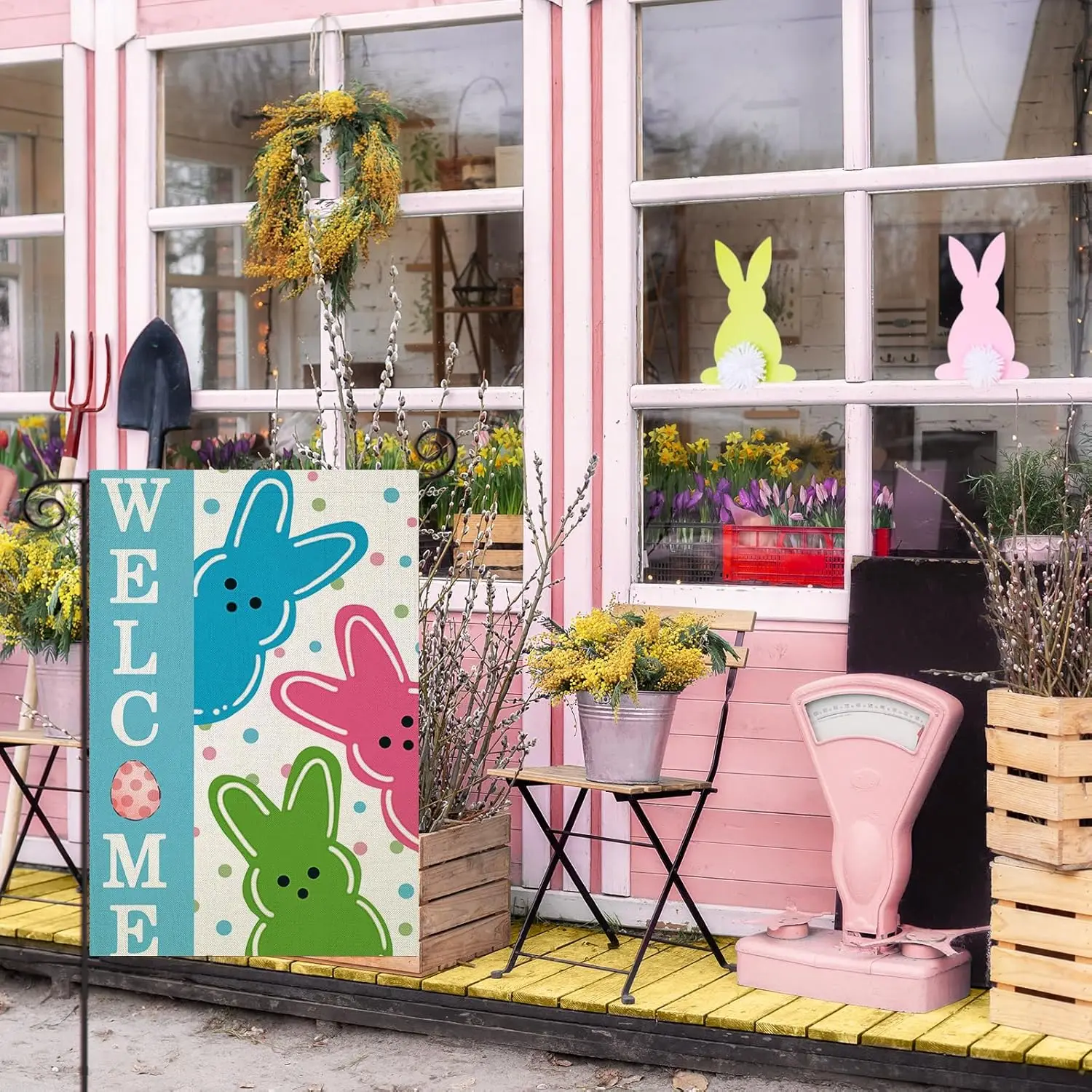 Welcome Peep Easter Bunny Garden Flags 12x18 Inch Double Sided, Colorful Rabbit with Dots Small Seasonal Decoration for Holi YYD