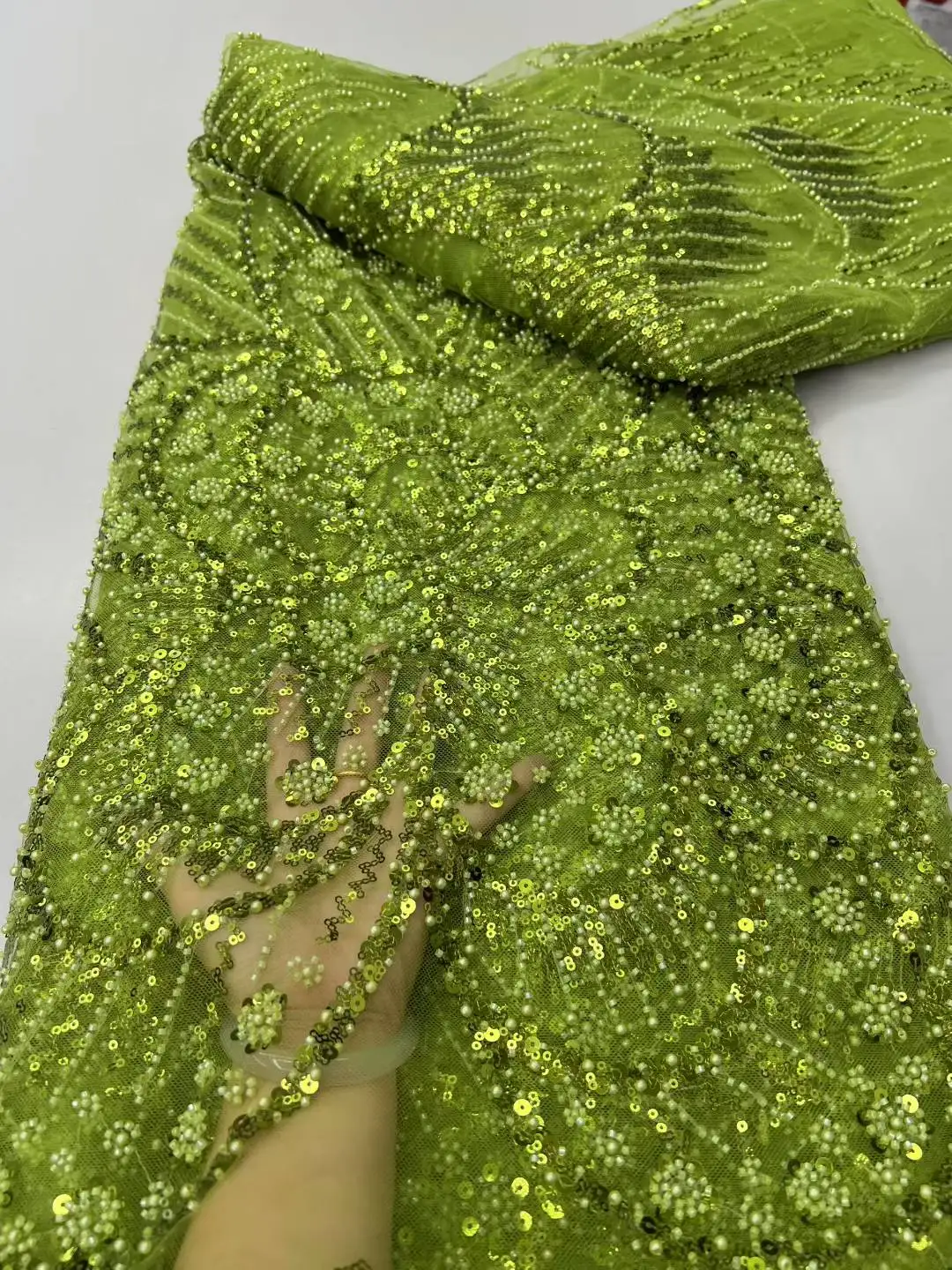 

Elegant French Mesh Lace Fabric with Beads Embroidery And Sequins for Wedding Dresses African Nigerian Beaded Design for Women