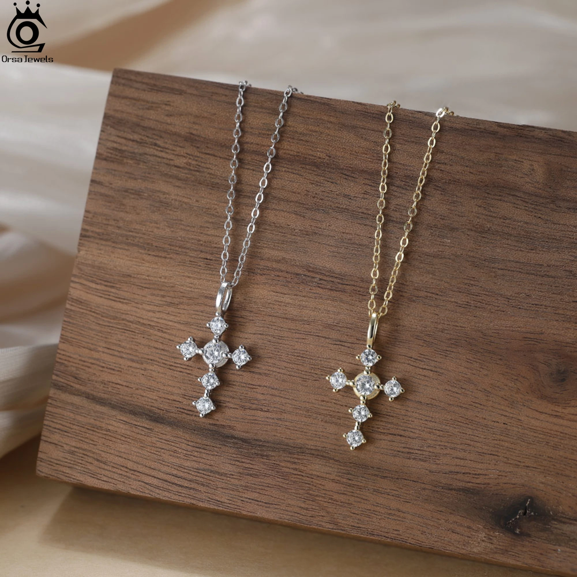 ORSA JEWELS S925 Silver Cross Pendant Necklace Cable Chain With Oval & Square Zirconia Setting Neck Jewelry Gift for Her SAPN51