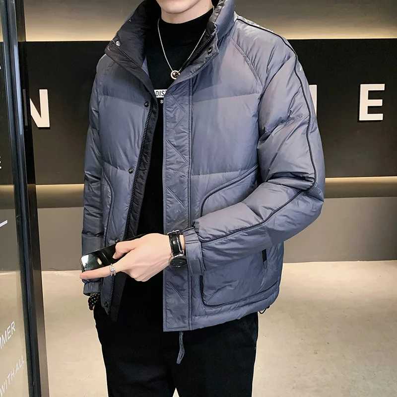 Black Grey Solid Color Casual Simple Stand Collar Long Sleeve Parkas for Men Winter New Fashion Male Trendy Daily Jackets Coats
