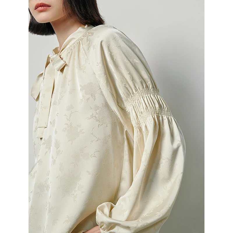 TOYOUTH Women Chinese Style Blouse 2024 Spring Jacquard Satin Juliet Sleeve Ruched Office Blouses