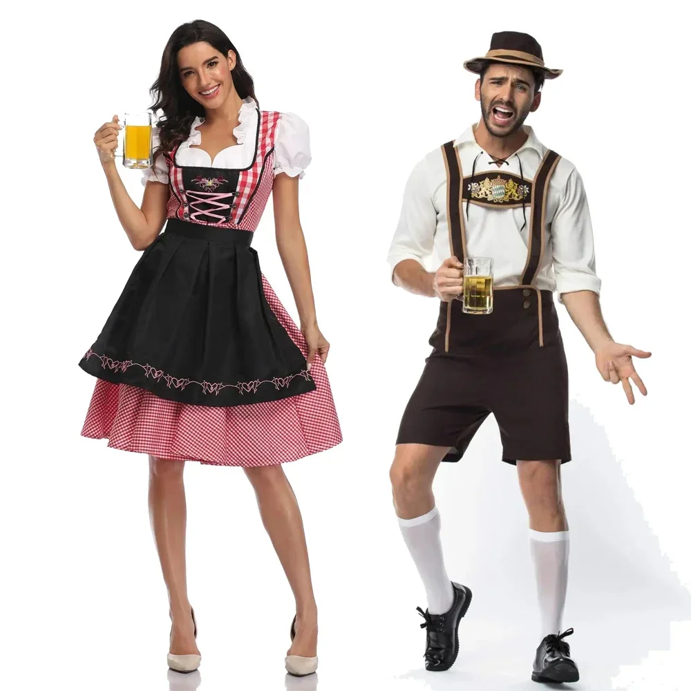 Beieren Oktoberfest Jurk Vrouwen Serveerster Meid Jurk Traditionele Duitse Geruite Dirndl Jurk Man Lederhosen Dirndl Outfit