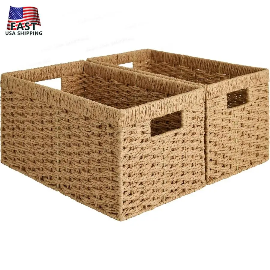 StorageWorks Round Paper Rope Storage Baskets Rectangular Wicker Baskets with Built-in Handles Medium 13 ¼ x 8 ½ x 7 ¼ inches 2