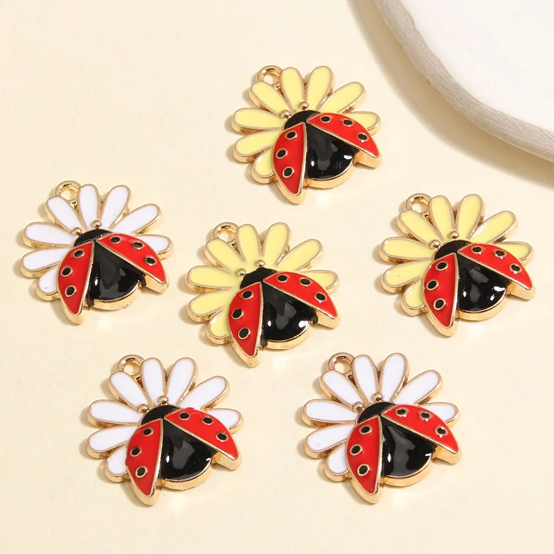 10pcs Gold Color 22x21mm Funny Enamel Flower Ladybird Charms Animal Pendant Fit Necklaces DIY Handmade Jewelry Making Finding