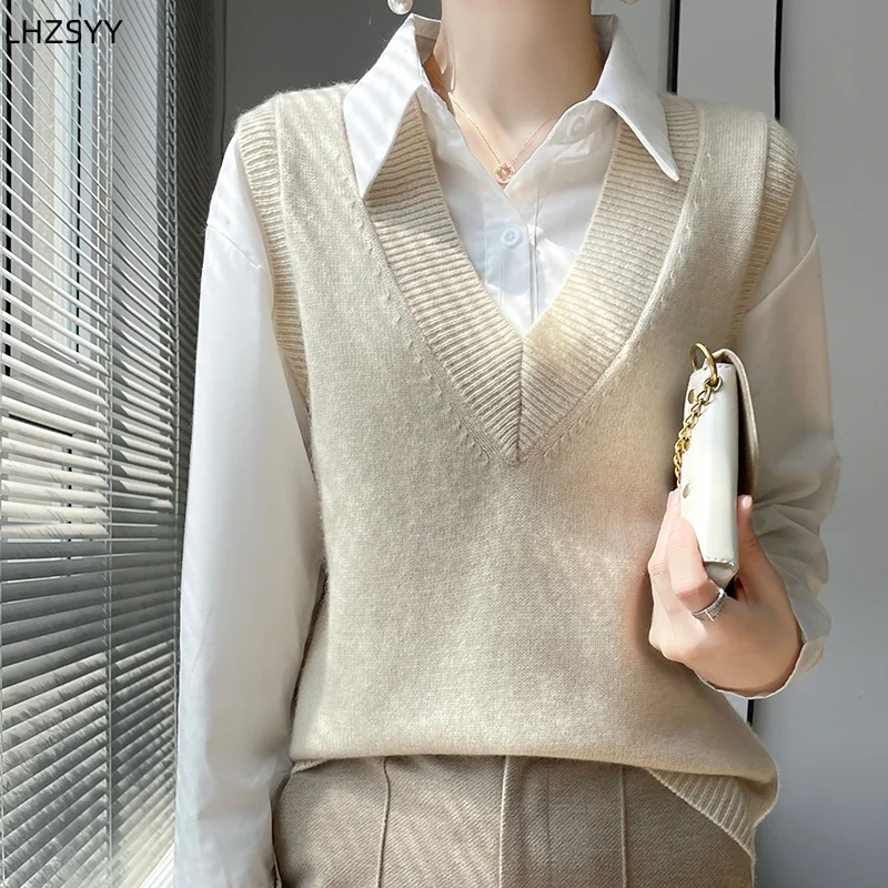 

LHZSYY Autumn Winter New 100% Pure Cashmere Waistcoat Vest Ladies V-Neck Sleeveless Pullover Sweater High-End Warm Knit Blouse