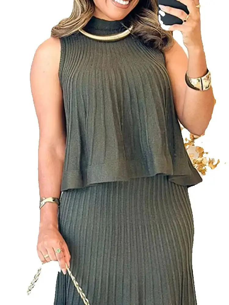 

Women Elegant Sleeveless Knitted Blouse Top & Ruffle Skirt Set Summer Casual Knitted Dress Suit Set Office Lady 2 Pices Set