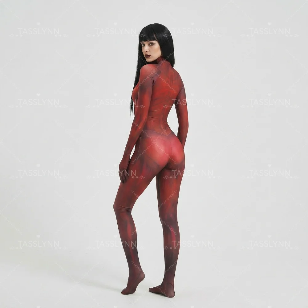 Women Red Muscle Skeleton Zentai Bodysuit, Full Body Ribcage Bone Print Jumpsuit Horror Undead Cosplay Costume For Halloween view 4