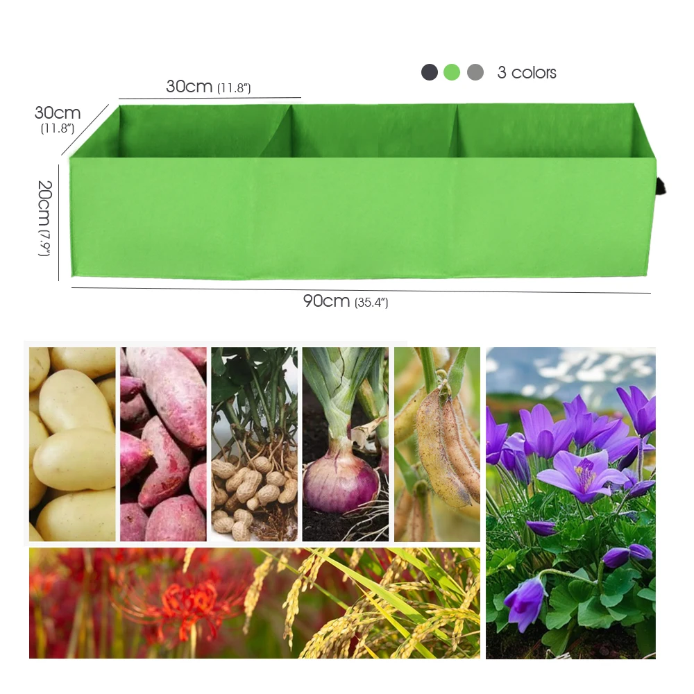 90x30x20cm Rectangle 3Grid Fabric Grow Bags Raised Garden Bed with Handle for Indoor Outdoor Flower Vegetable Potato Plants Pots