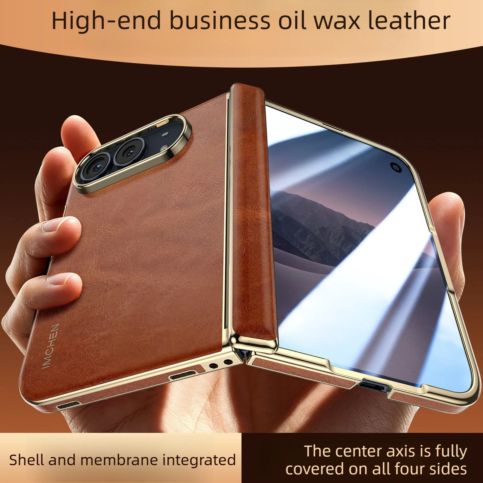 Luxury Business Oil Wax Leather Case for iPhone DUO Foldable Screen,All-in-One Shell&Film Full Body Protection Cover with Hinge