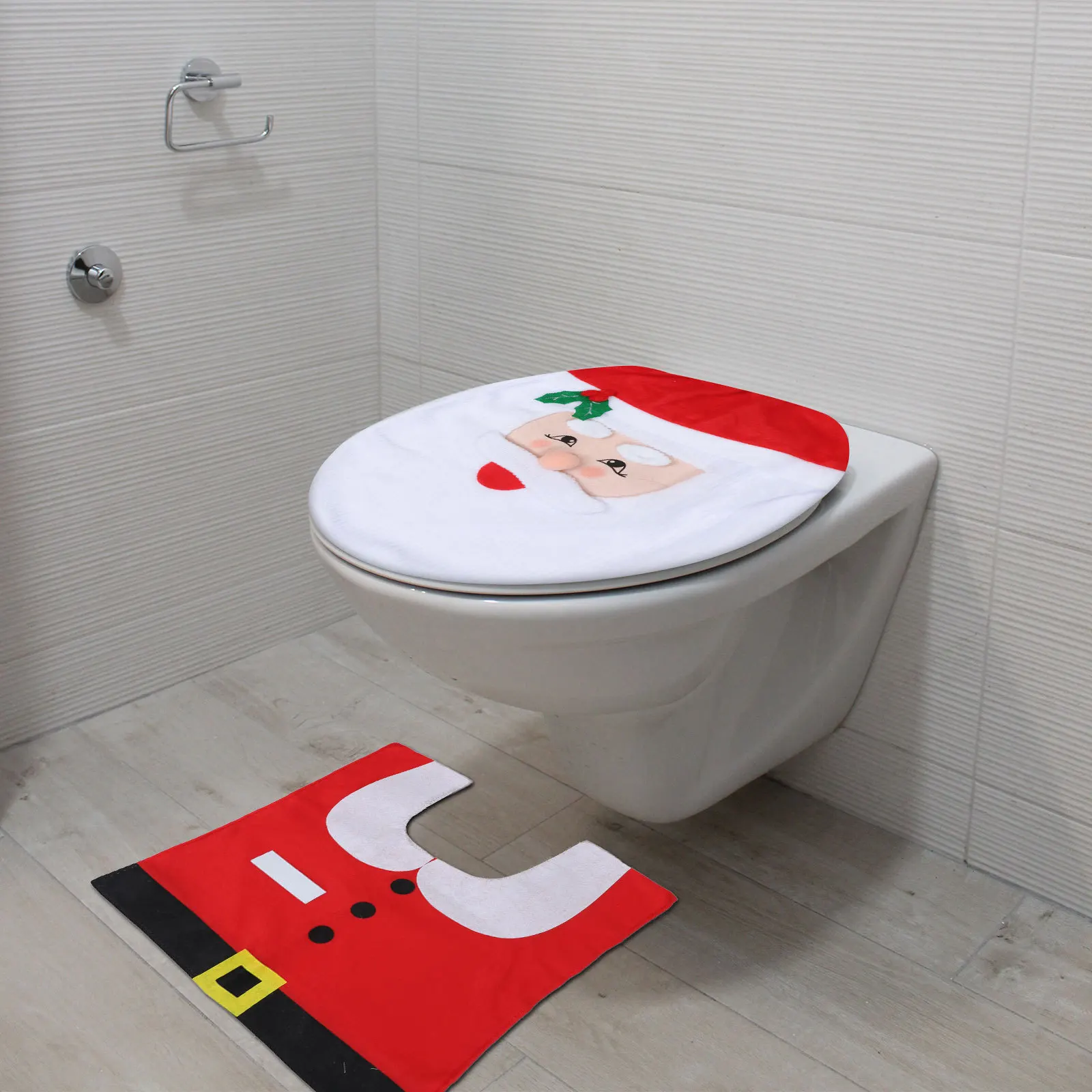 

1Set Christmas Toilet Cover Set Santa Print Lid Cover Water Tank Floor Mat Festive Xmas Bathroom Mat Christmas Toilet Set