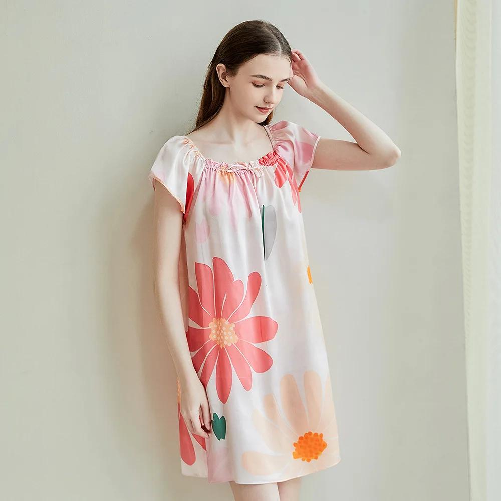 Summer Fashion Printed Silk Pajamas Short Sleeve Lightweight Hangzhou Silkworm Silk Home Wear Loose Fit XL Size Nightdress Sleep