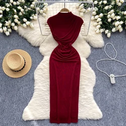 Sexy vintage Elegant Half high collar sleeveless sweet Dress Slim Women Party summer pencil pleated dresses