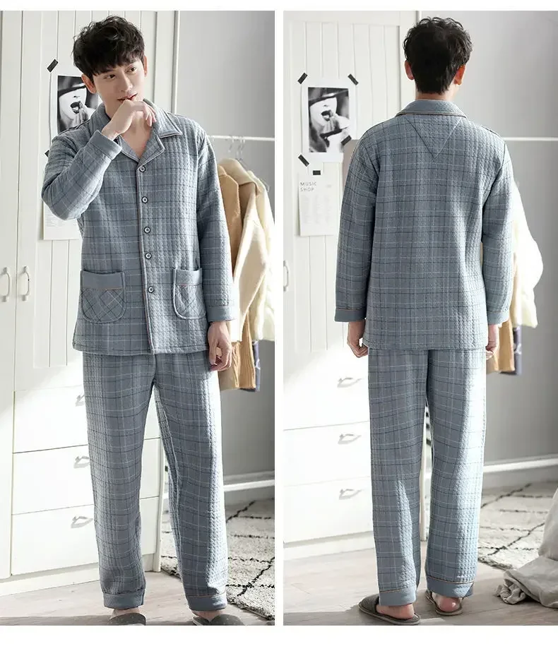 Fall & Winter Thicken Warm Flannel Pajama Sets for Men Cotton Sandwich Stripe Sleepwear Pyjamas Homewear Clothes 2024 Plus Size