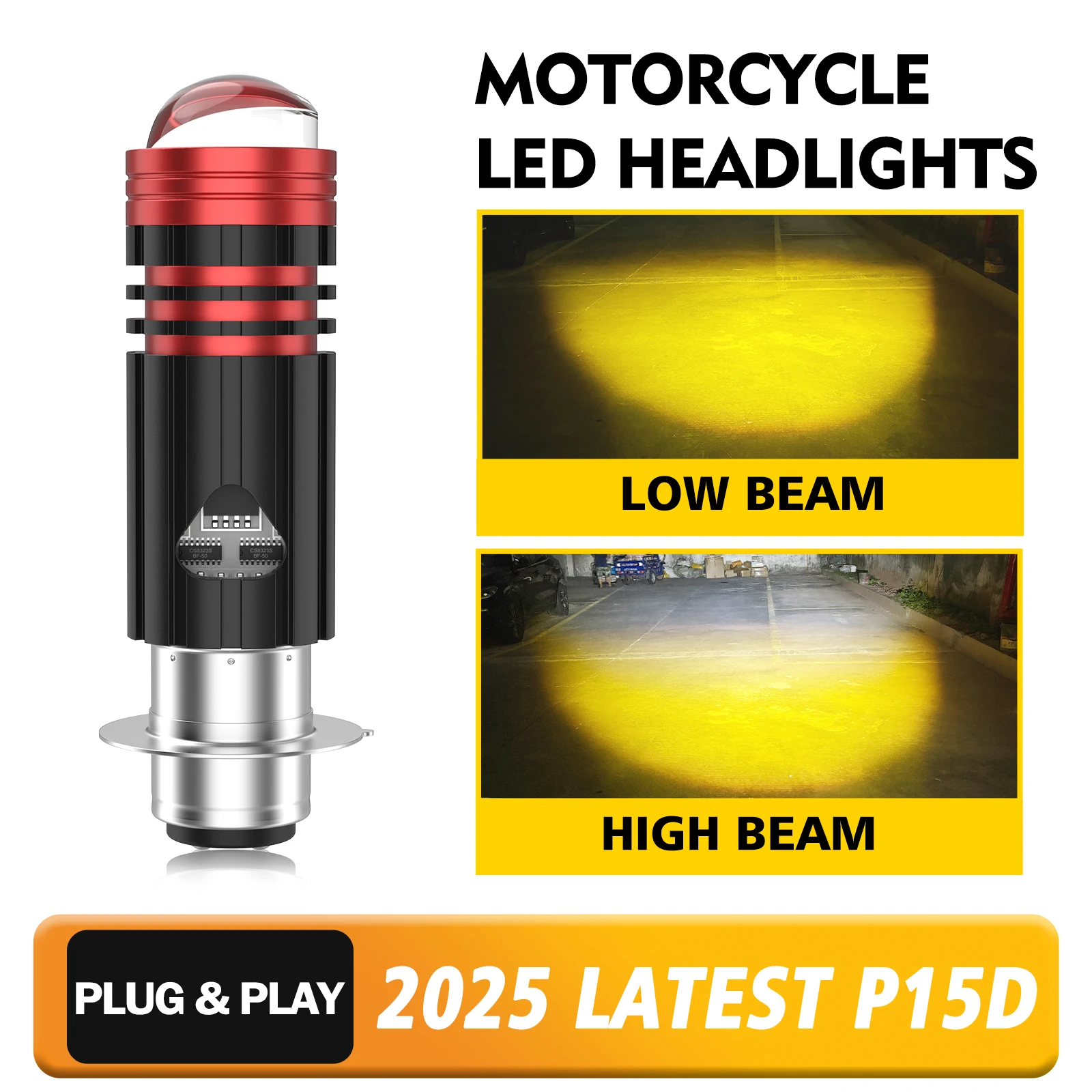 1PC/2PCS P15D H4 BA20D LED Motorcycle Light Hi/Lo Beam Conversion Kit Motorbike ATV UTV Headlight 18000LM 9V-60V White+Yellow
