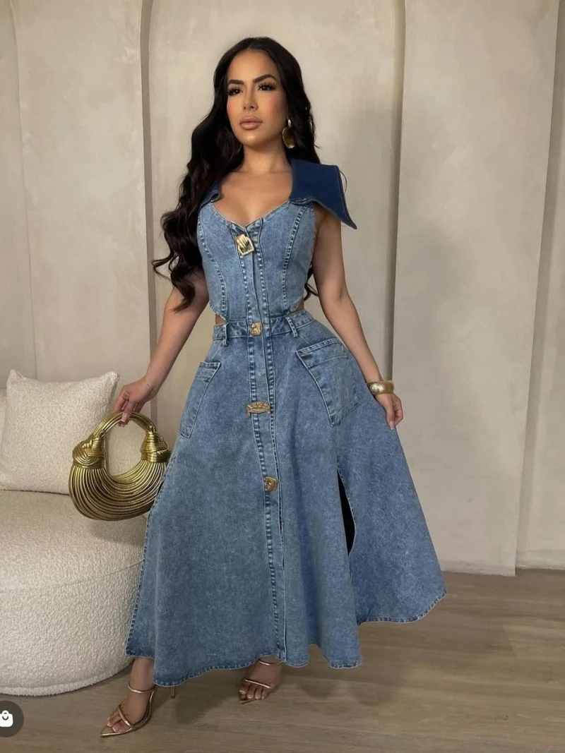 الشارع الشهير المرقعة الجوف خارج فستان من قماش الدنيم ملابس الصيف النساء بلا أكمام انقطاع جان فساتين طويلة كاوبوي ألف خط فستان Vestido