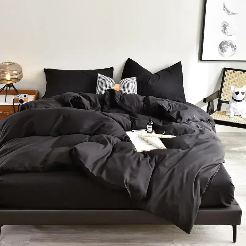 Korean Solid Color Duvet Cover Sheet Bedding Set Black Housse De Couette Queen/King Size High Quality Plain Dyed Bed Cover