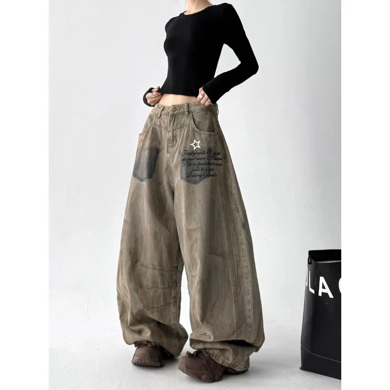 الشارع الأمريكي الهيب هوب الشارع الرقص واسعة الساق الجينز النساء الخريف الرجعية جديد فضفاض عادية Y2K موضة الشارع عالية الخصر الجينز