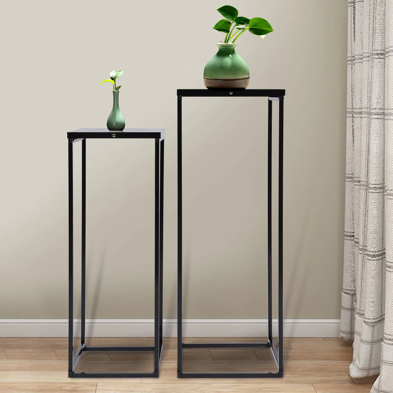 Soporte de Metal cuadrado para plantas, estante duradero para Patio y jardín, decoración de sala de estar, color negro, 2 piezas