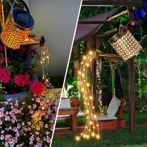 Solar Watering Can with Cascading Light Water Can Solar Lights Garden Decorative Solar Waterfall Lights Waterproof Hanging Light