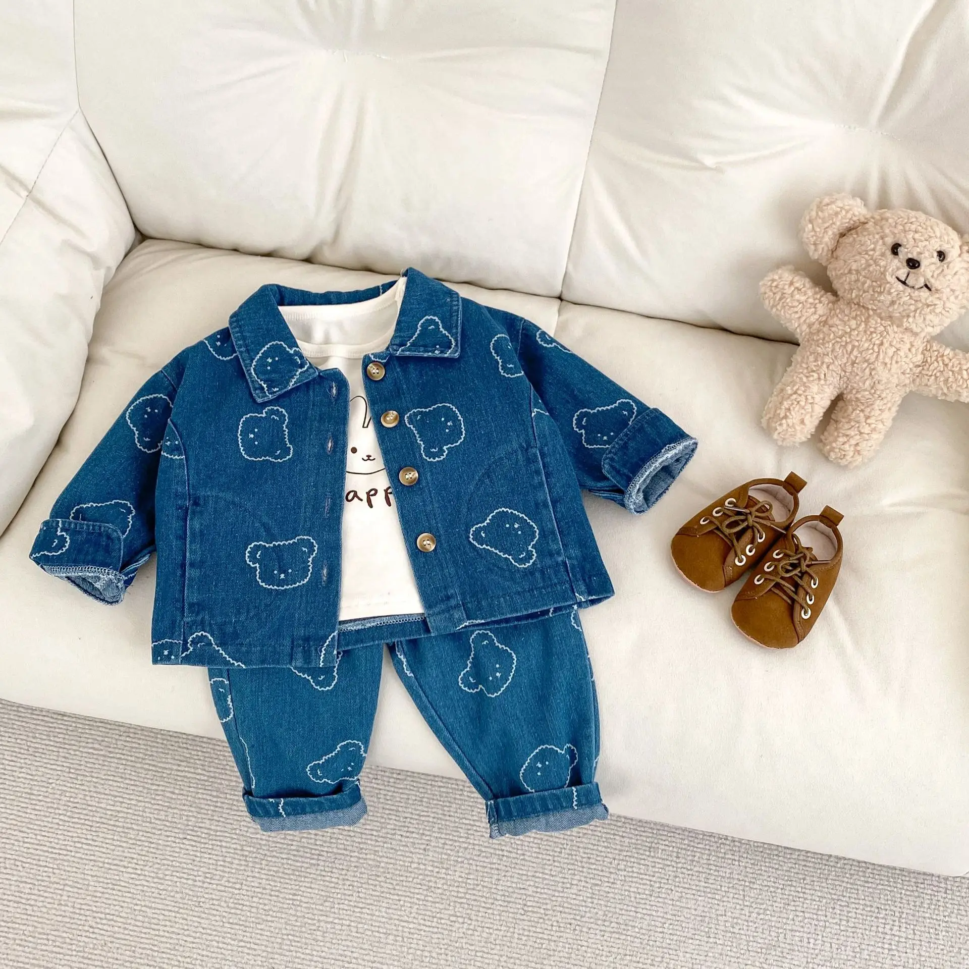 

2025 Spring New Baby Long Sleeve Denim Clothes Set Boys Girls Bear Print Coat + Pants 2pcs Suit Kids Toddler Casual Outfits