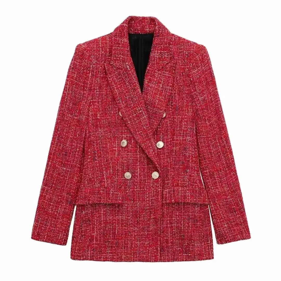 Tangada 2024 Women Plaid Tweed Thick Suit Long Sleeve Pocket Female Crop Coat 3H858