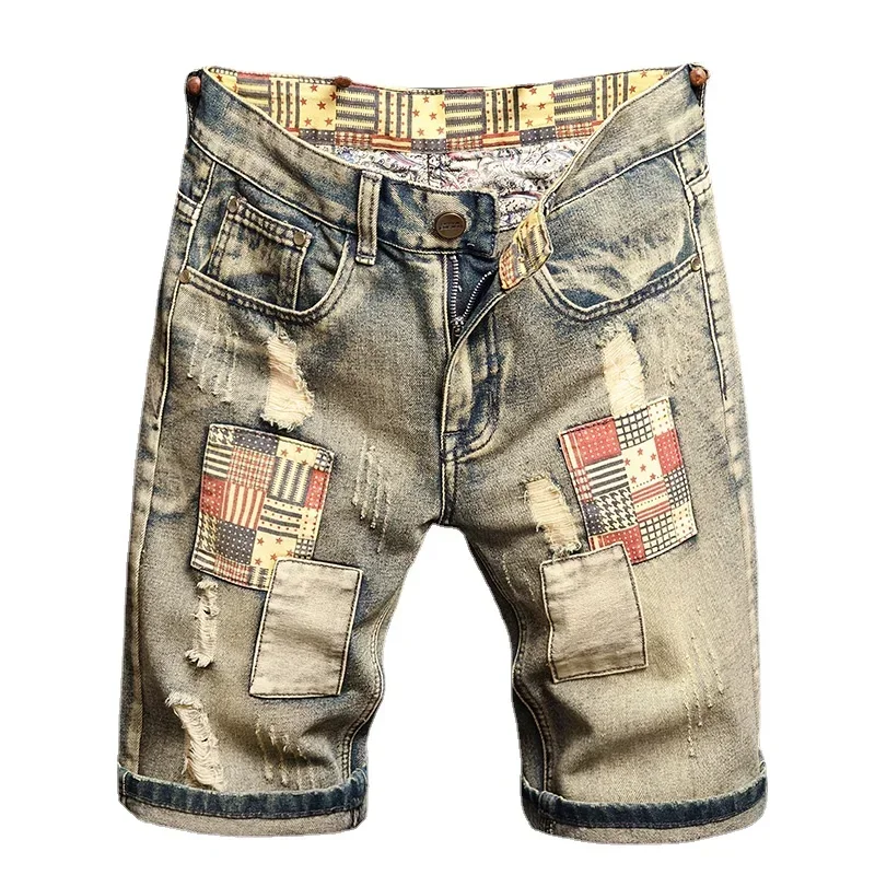 Summer New Jeans Shorts Denim Men Wear rippeds Outside  Loose Straight Leg Five Quarter Pants Beggar American Cowboy