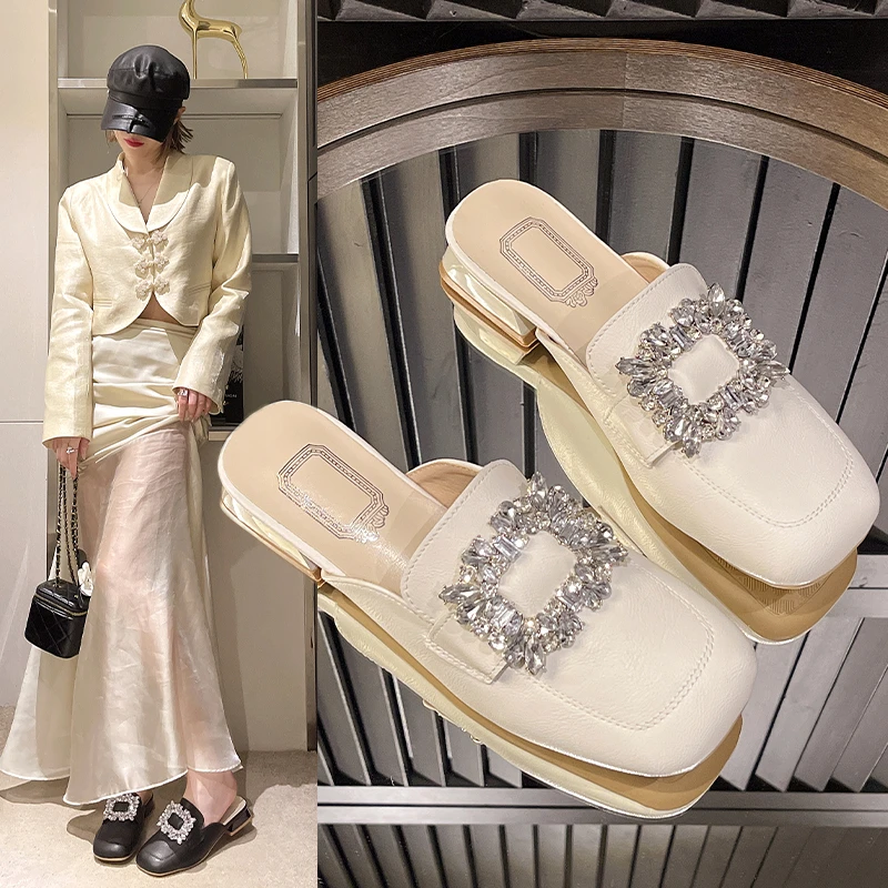 Luxury Crystal Mules Woman Closed Toe Slip-on Heel Sandals Ladies Contrast Design Outdoor Slides with Rhinestone Square Buckle