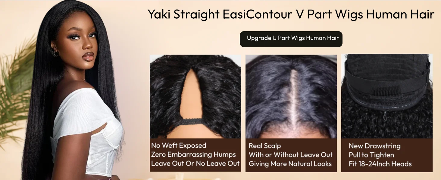 Yaki Straight V Part Wig 100% Human Hair Wigs With Drawstring No Leave-out No Glue Beginner Friendly Yaki V Shape Wigs