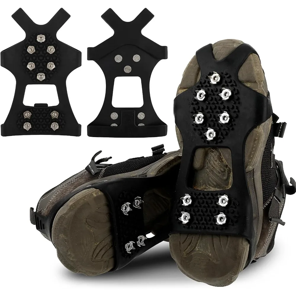 Ice Cleats Crampons for Shoes Boots, 10 Stainless Steel Spikes Snow Traction Grips Winter Anti‑Slip for Walking Fishing Hiking