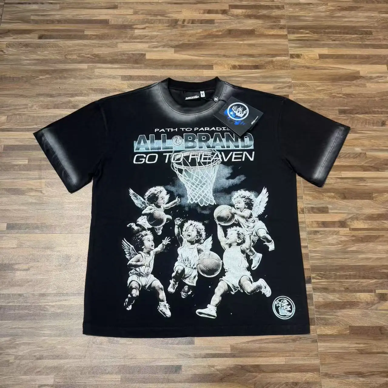 Retro Washed Cotton Short Sleeve T-Shirt Basketball Print Street Style Heavyweight Youth Fashion Casual round Neck Tee