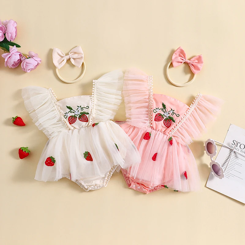 Newborn Baby Girl Mesh Romper Dress Flying Sleeve Tulle Dress Cute Strawberry Embroidery Tutu Skirt with Headband Summer Clothes