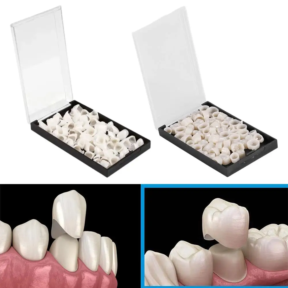 

Временные зубные коронки в черной прямоугольной коробке: фарфоровые виниры для передних и задних зубов