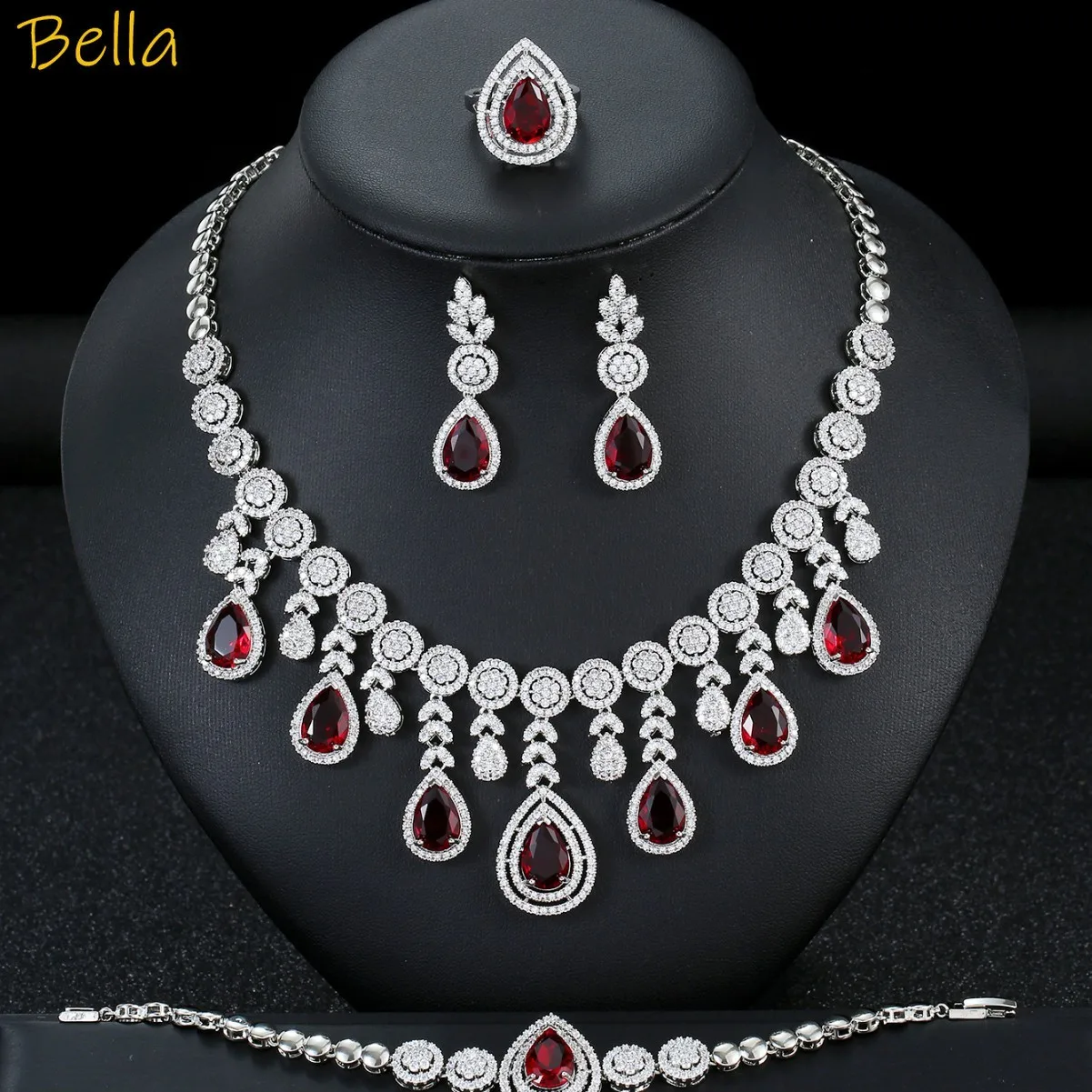 luxury jewelry sets 4pcs necklace earrings ring bracelet zirconia silver color red blue water drop jewelry set wedding party