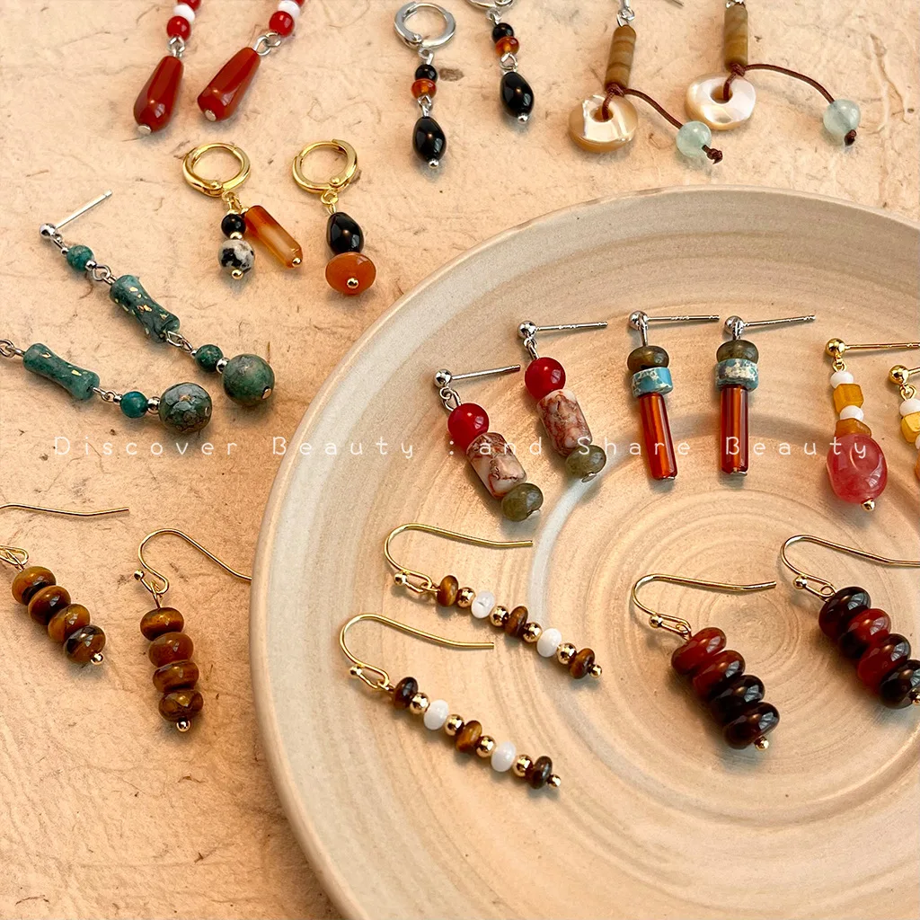 

Ethnic Design 925 Silver Needle Earrings for Women Shades of Brown Natural Stone Beaded Tassel Jewelry Retro Individual Ornament