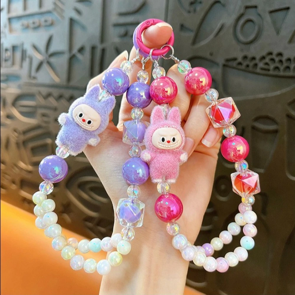 

Kawaii Flocked Bunny Labu Anime Mobile Phone Chain, Creative Beaded Keychain, Bag Pendant, Fashion Accessories, Gifts