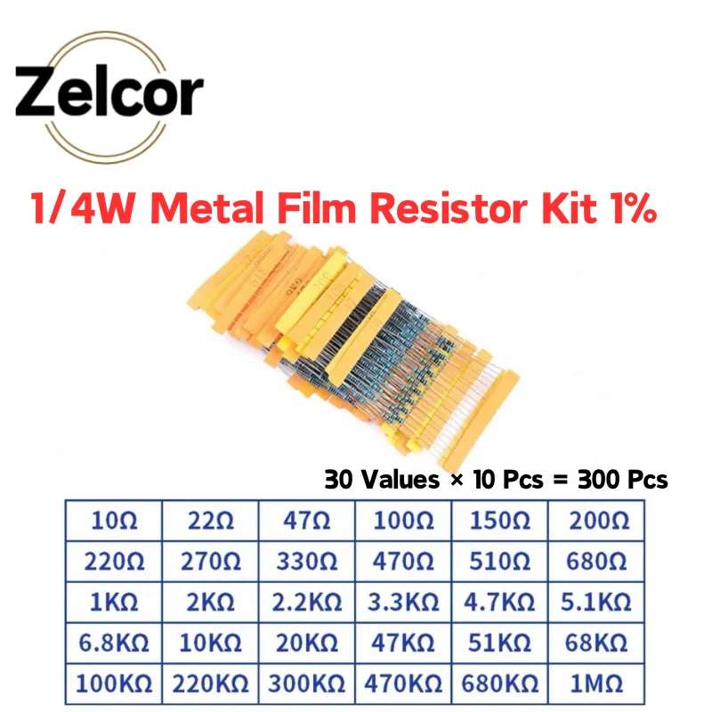 300pcs/600pcs 1% Resistor Set Resistance 1/4W Metal Film Resistors Kit 10Ohm ~1M Ohm 30Values Electronic Components Kit